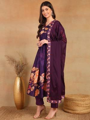 women purple silk blend floral printed straight kurta trouser with dupatta 3