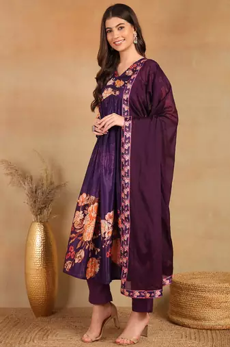 women purple silk blend floral printed straight kurta trouser with dupatta