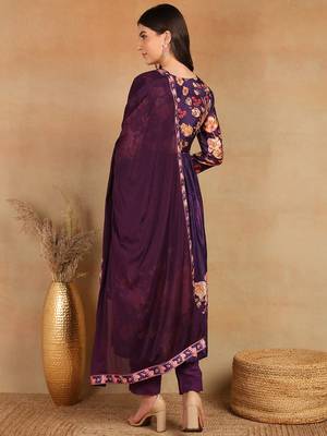 women purple silk blend floral printed straight kurta trouser with dupatta 4