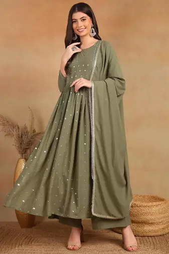 women olive georgette solid embroidered straight kurta palazzo with dupatta