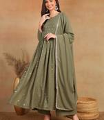 women olive georgette solid embroidered straight kurta palazzo with dupatta