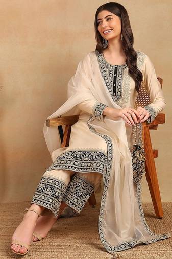 women cream silk blend solid embroidered straight kurta trouser with dupatta