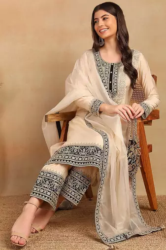 women cream silk blend solid embroidered straight kurta trouser with dupatta
