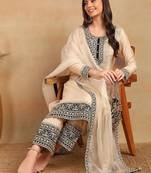 women cream silk blend solid embroidered straight kurta trouser with dupatta