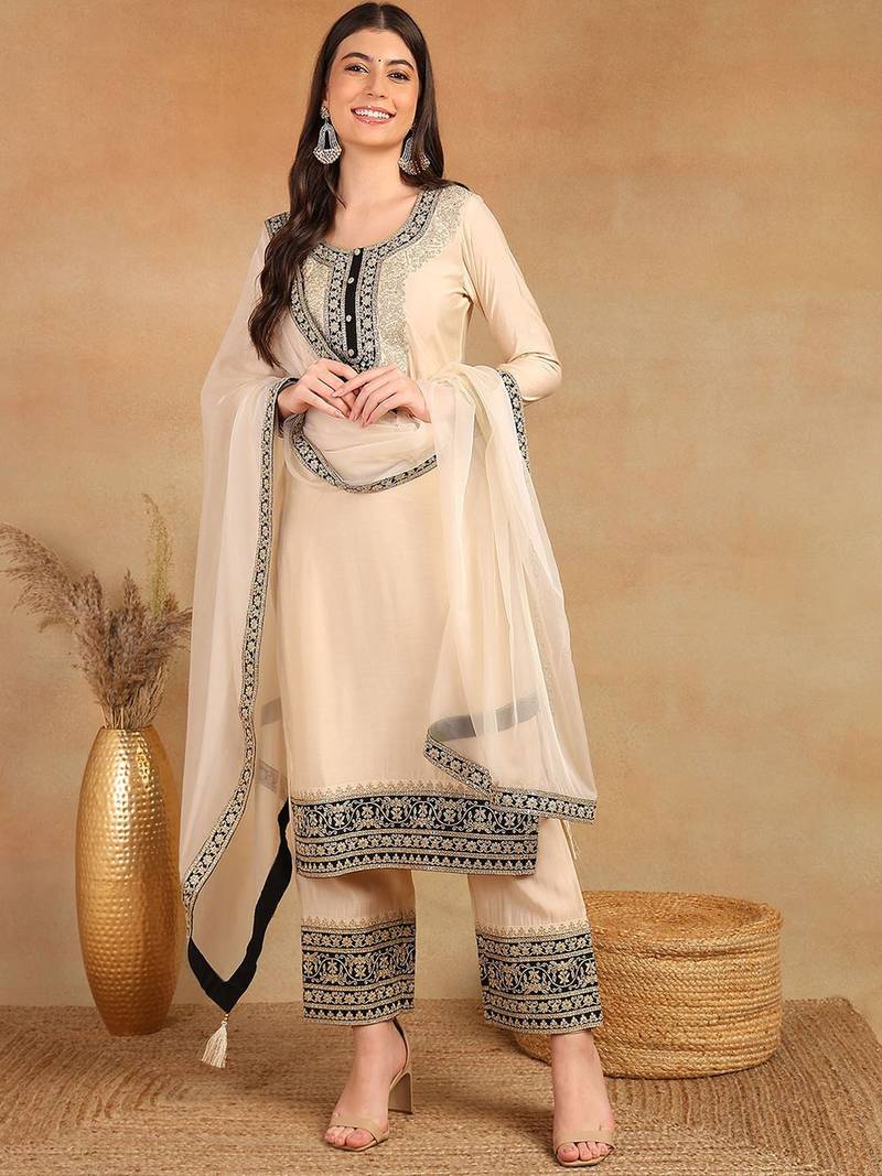 women cream silk blend solid embroidered straight kurta trouser with dupatta