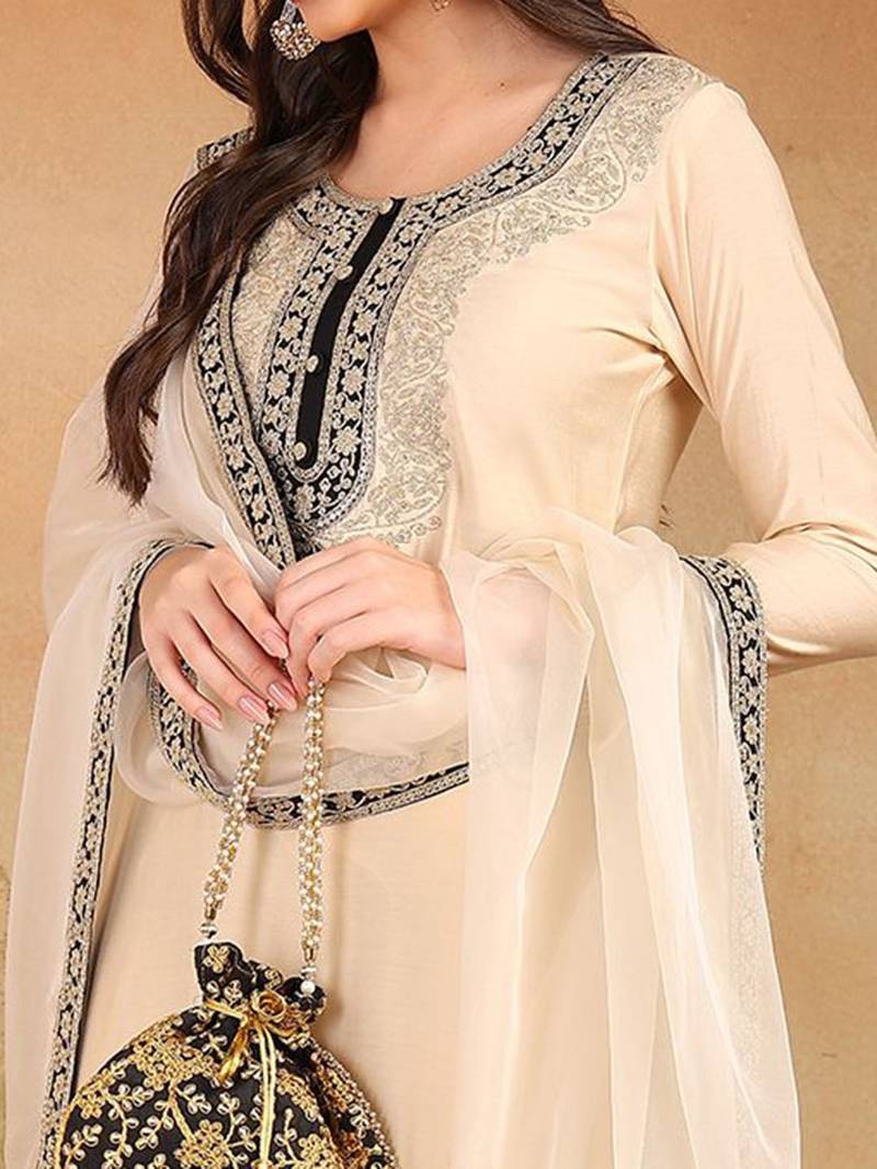 women cream silk blend solid embroidered straight kurta trouser with dupatta