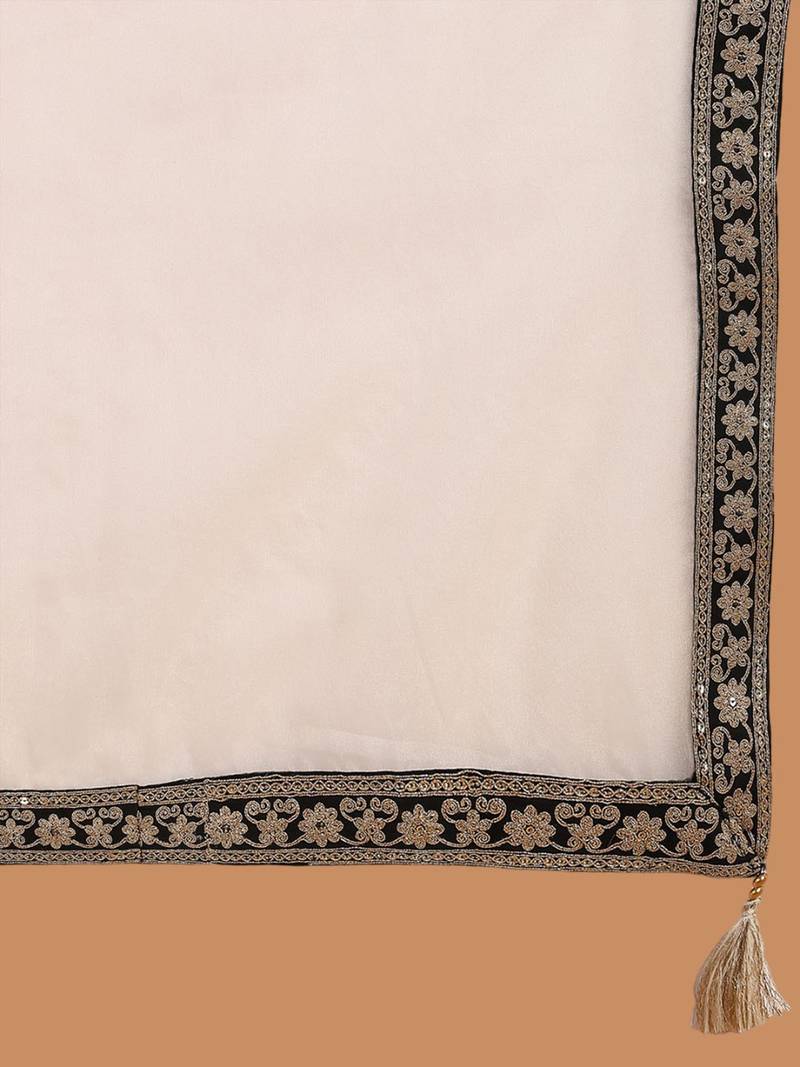 women cream silk blend solid embroidered straight kurta trouser with dupatta