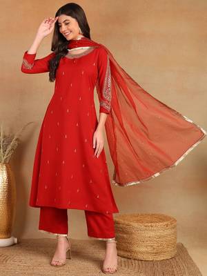 women red silk blend solid embroidered a-line kurta trouser with dupatta 1