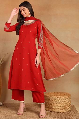women red silk blend solid embroidered a-line kurta trouser with dupatta