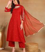 women red silk blend solid embroidered a-line kurta trouser with dupatta