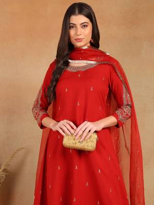 women red silk blend solid embroidered a-line kurta trouser with dupatta 2