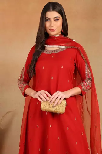 women red silk blend solid embroidered a-line kurta trouser with dupatta