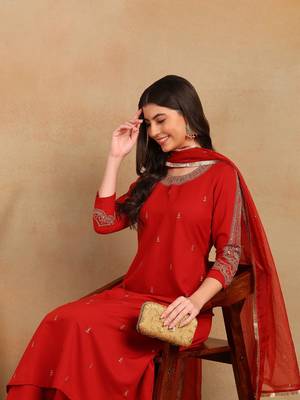 women red silk blend solid embroidered a-line kurta trouser with dupatta 3