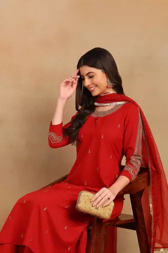 women red silk blend solid embroidered a-line kurta trouser with dupatta