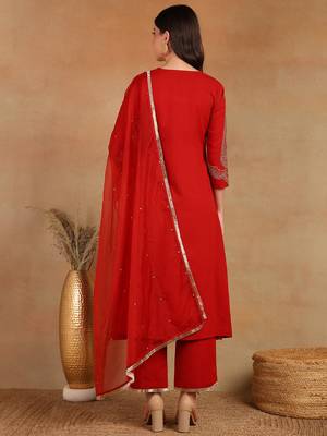 women red silk blend solid embroidered a-line kurta trouser with dupatta 4