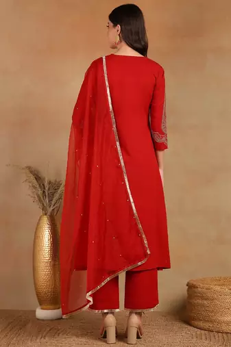 women red silk blend solid embroidered a-line kurta trouser with dupatta