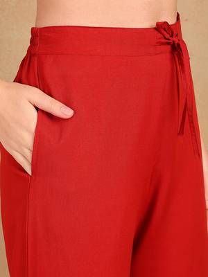 women red silk blend solid embroidered a-line kurta trouser with dupatta 5