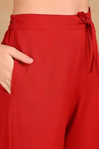 women red silk blend solid embroidered a-line kurta trouser with dupatta