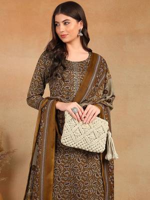 women brown rayon blend ethnic motifs printed straight kurta trouser with dupatta 2
