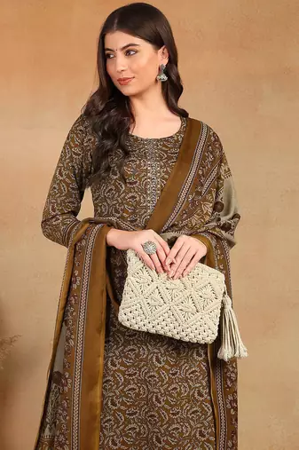 women brown rayon blend ethnic motifs printed straight kurta trouser with dupatta
