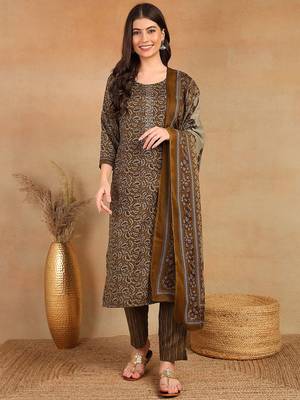 women brown rayon blend ethnic motifs printed straight kurta trouser with dupatta 1