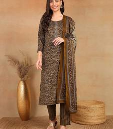 women brown rayon blend ethnic motifs printed straight kurta trouser with dupatta