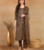 women brown rayon blend ethnic motifs printed straight kurta trouser with dupatta