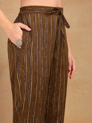 women brown rayon blend ethnic motifs printed straight kurta trouser with dupatta 3