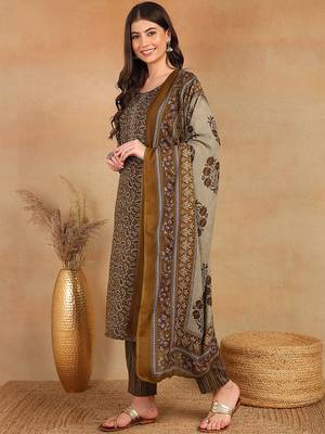 women brown rayon blend ethnic motifs printed straight kurta trouser with dupatta 5