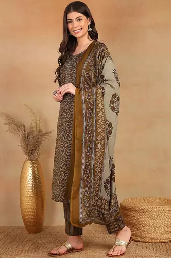 women brown rayon blend ethnic motifs printed straight kurta trouser with dupatta