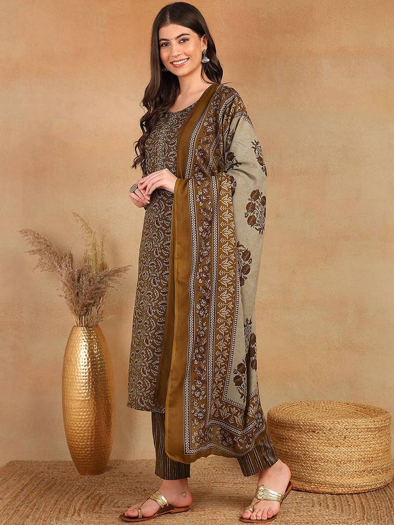 women brown rayon blend ethnic motifs printed straight kurta trouser with dupatta
