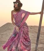 Pink Linen Silk Printed Weaving Border And Rich Pallu Saree With Blouse For Women 