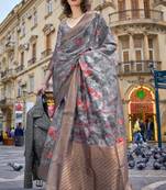 Dark Grey Banarasi Silk Zari Weaving Border And Rich Pallu Saree With Blouse For Women