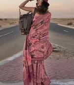 Peach Linen Silk Printed Weaving Border And Rich Pallu Saree With Blouse For Women 