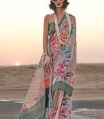 Sea Green Linen Silk Printed Weaving Border And Rich Pallu Saree With Blouse For Women 