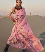 Rose Linen Silk Printed Weaving Border And Rich Pallu Saree With Blouse For Women 