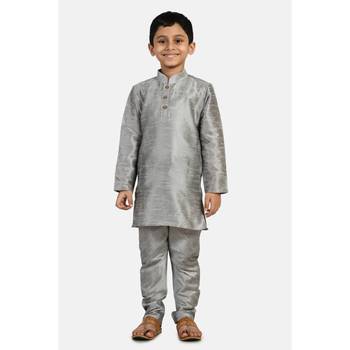 Grey plain cotton silk boys-kurta-pyjama 1