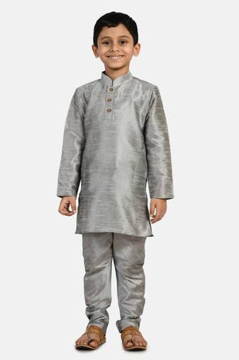 Grey plain cotton silk boys-kurta-pyjama