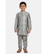 Grey plain cotton silk boys-kurta-pyjama
