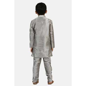 Grey plain cotton silk boys-kurta-pyjama 3