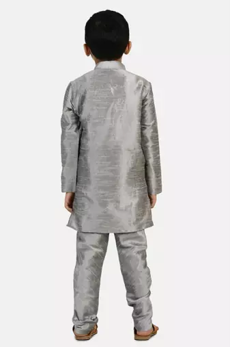 Grey plain cotton silk boys-kurta-pyjama