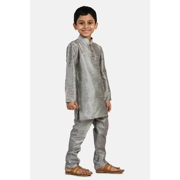 Grey plain cotton silk boys-kurta-pyjama 4
