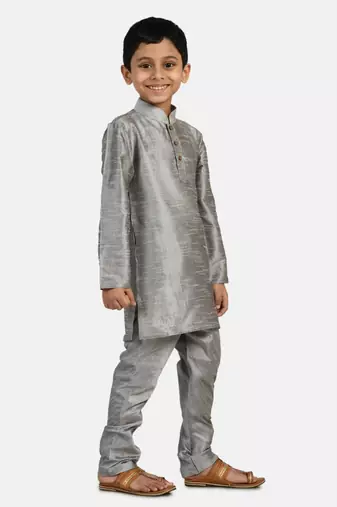 Grey plain cotton silk boys-kurta-pyjama
