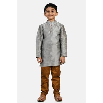 Grey plain cotton silk boys-kurta-pyjama 1