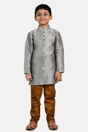 Grey plain cotton silk boys-kurta-pyjama