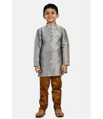 Grey plain cotton silk boys-kurta-pyjama