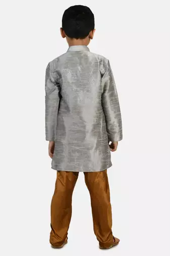 Grey plain cotton silk boys-kurta-pyjama