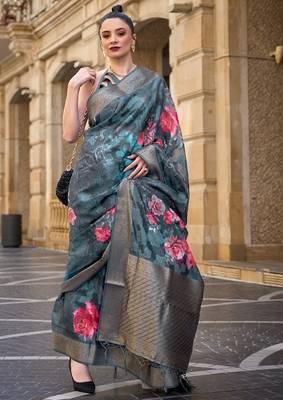 Dark Sea Green Banarasi Silk Zari Weaving Border And Rich Pallu Saree With Blouse For Women 1