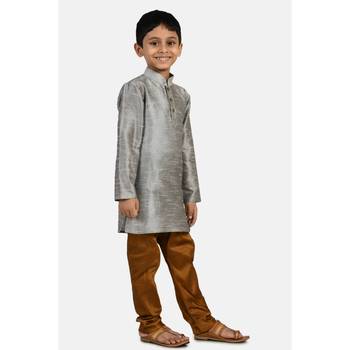 Grey plain cotton silk boys-kurta-pyjama 5