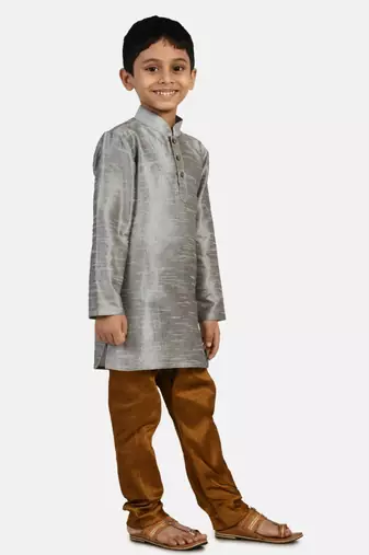 Grey plain cotton silk boys-kurta-pyjama